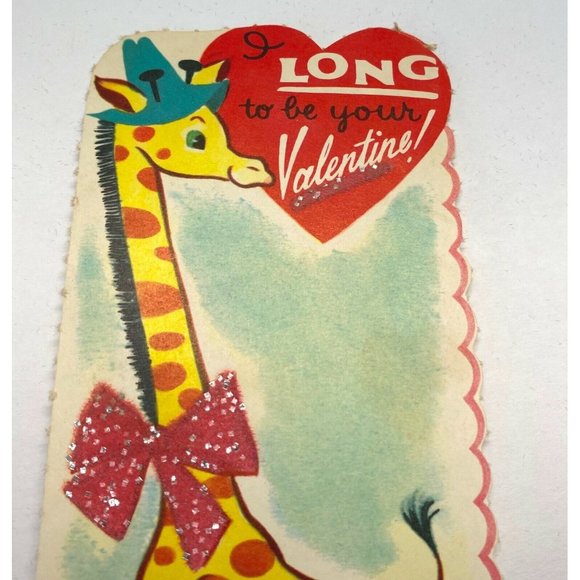 Valentines Day Vintage Greeting Card Giraffe Anthropomorphic Bow Hat 40s - Picture 4 of 6